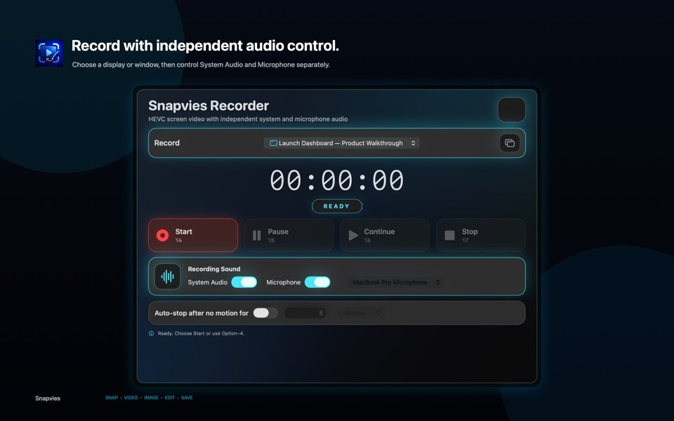 Snapvies Recorder showing its source, recording controls, System Audio, Microphone, and automatic-stop settings.