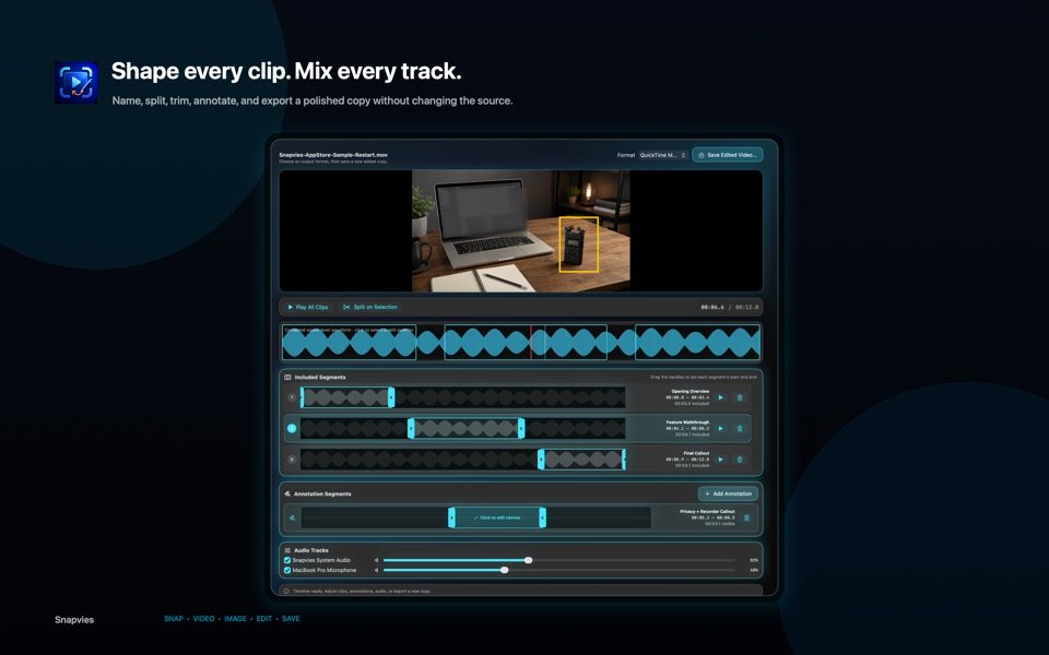 Snapvies Video Editor showing a preview, waveform, named segments, annotations, and separate audio controls.